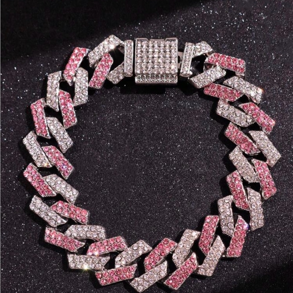 Pink and Silver Pave Cuban Link Bracelet - Women's Jewelry